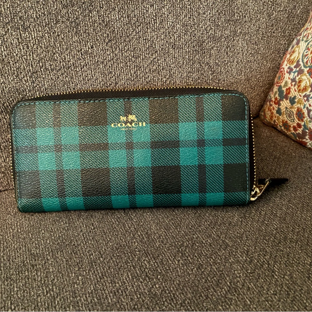 Coach Teal and Navy Blue Plaid Wallet